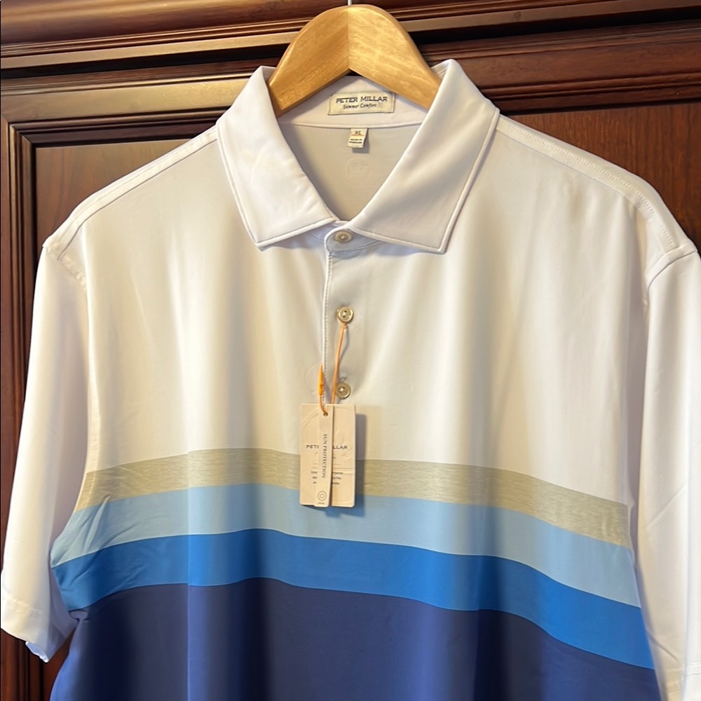Brand New Peter Millar White & Blue Multicolored big stripes Stretch Golf Polo!